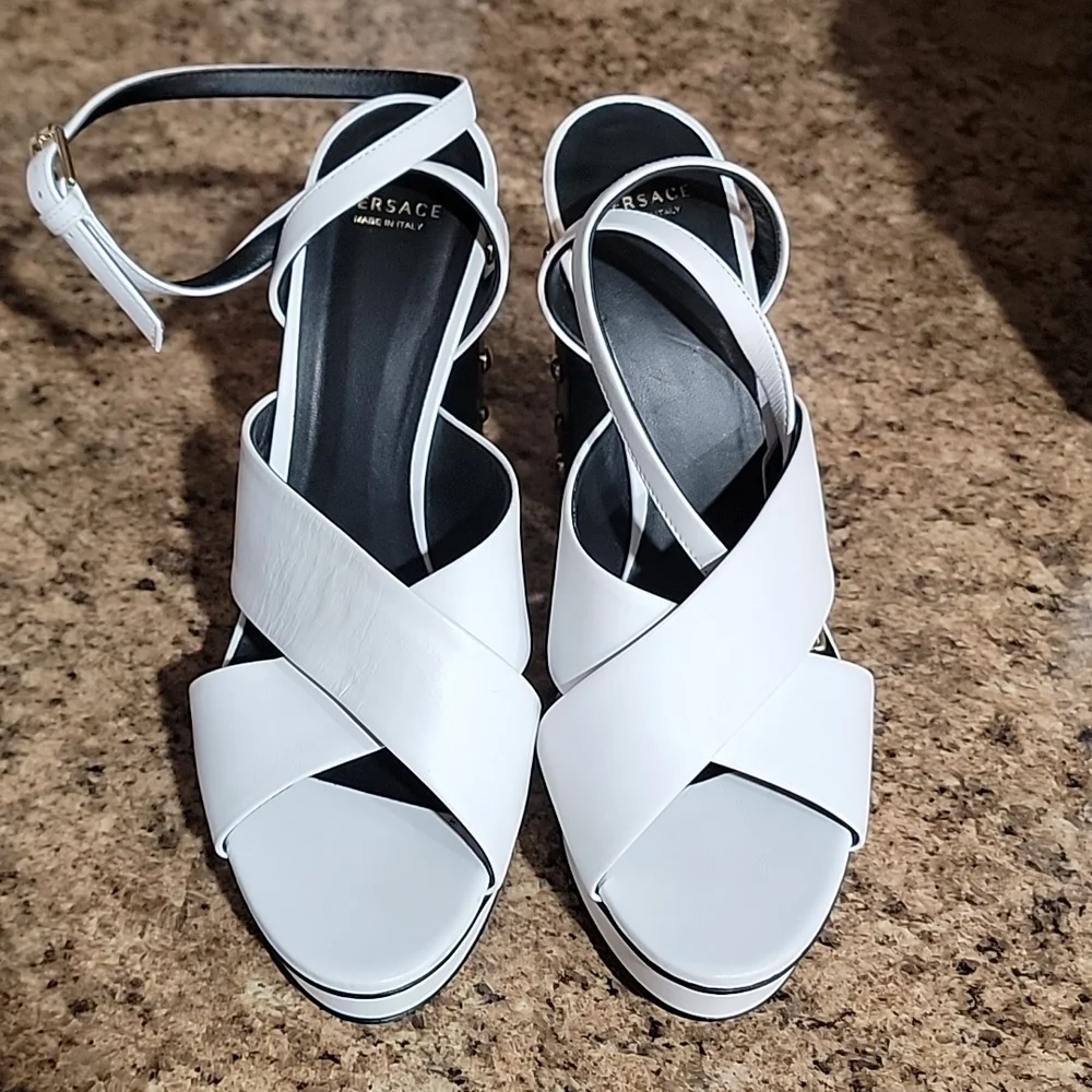 Versace Medusa Studded White Leather Platform Sandals
